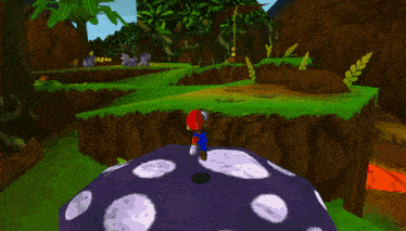 a cartoon scene with a man in a blue hat standing in the middle of a lush green field