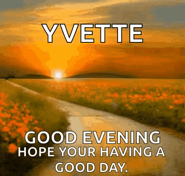a sunset over a field of flowers with the name yvette at the top