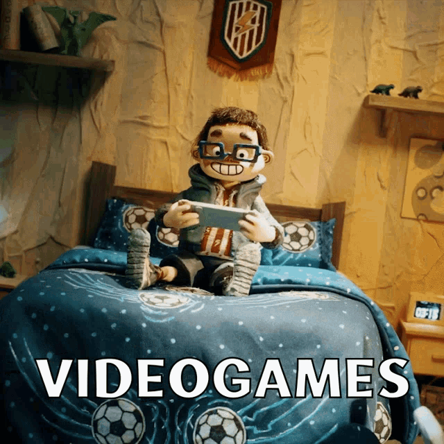 a cartoon character is sitting on a bed playing a video game