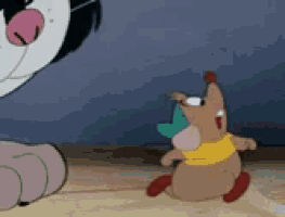 a cartoon character is standing next to another cartoon character on a wooden floor .