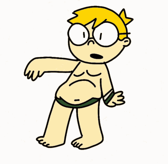 a cartoon boy in a bathing suit and glasses is standing with his arms outstretched .