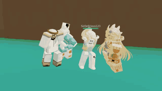three roblox characters are standing next to each other with the name sir delirious123 in the upper right corner