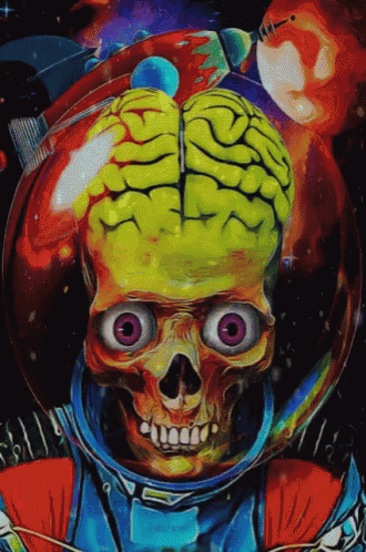 a colorful painting of a skull wearing a helmet with a brain on it
