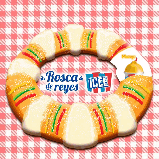 a rosca de reyes wreath on a checkered background