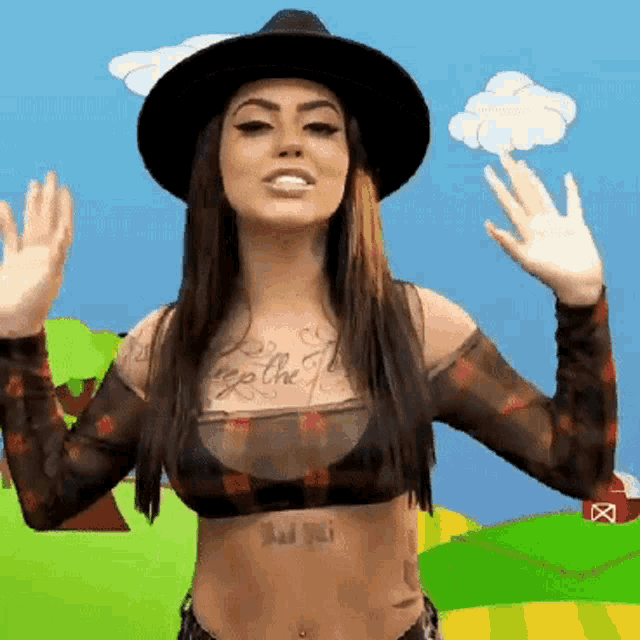 a woman wearing a hat and a plaid shirt has the word go on her chest
