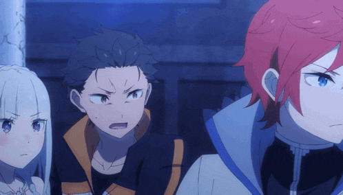 a group of anime characters are standing together and one of them has red hair