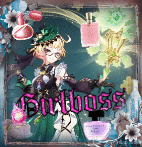 a picture of a girl surrounded by bottles of perfume with the word burbloss on the bottom right