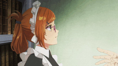 a girl with glasses and a maid 's outfit is standing in front of a bookshelf