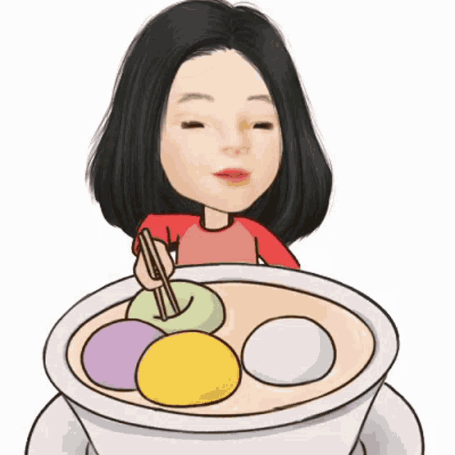 a cartoon of a woman holding chopsticks over a bowl of food .