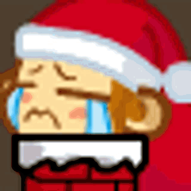 a cartoon character wearing a santa hat is crying while standing next to a chimney .
