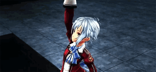 a girl with white hair and a red jacket holds her arm up
