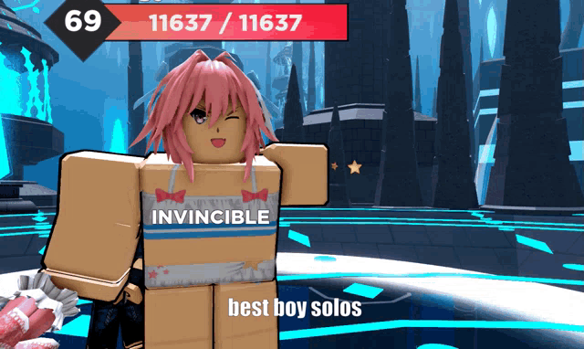 a girl with pink hair and a shirt that says invincible best boy solos