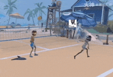 a cartoon character is playing volleyball on a beach with a picture of a man holding an umbrella that says true