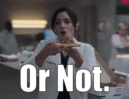 a woman in a lab coat is eating a slice of pizza with the words " or not " below her