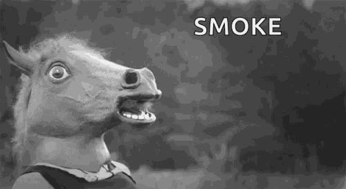 a black and white photo of a person wearing a horse mask and the word smoke .