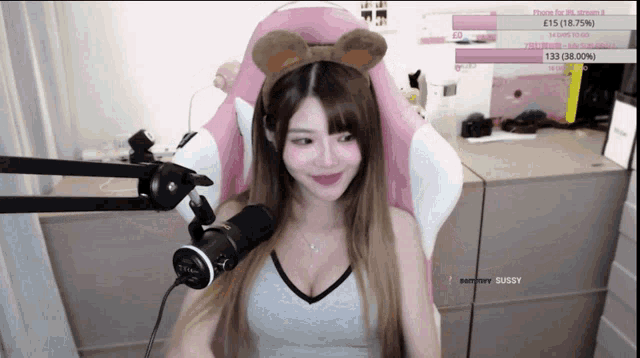 a girl is sitting in a pink chair with a microphone