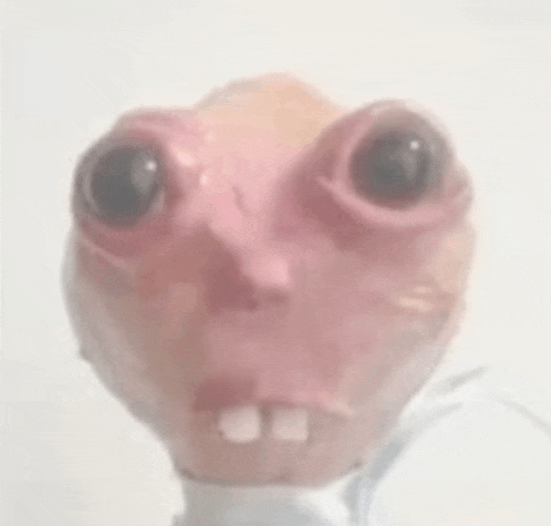 a close up of a person 's face with big eyes and a white shirt .