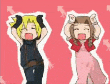 a boy and a girl are dancing together with their arms in the air .