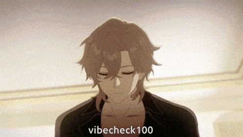 a cartoon of a man with his eyes closed and the words " vibecheck 100 " on the bottom