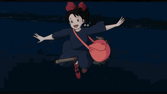 a cartoon of a girl flying on a broom with planning tatsumi yamashita hideo ogata and iwai seto