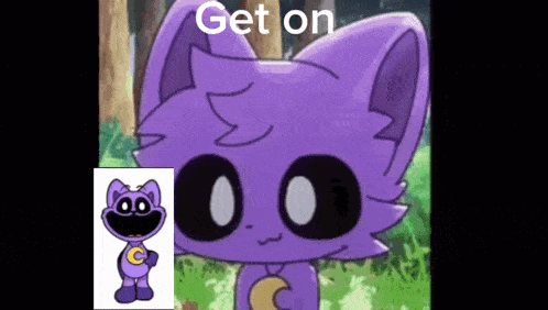 a purple cat with black eyes and a crescent moon on its chest is standing in the woods .