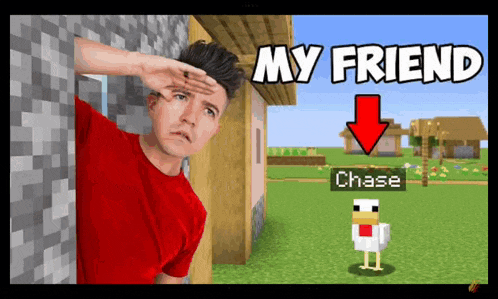 a man in a red shirt is standing next to a chicken in a minecraft game .