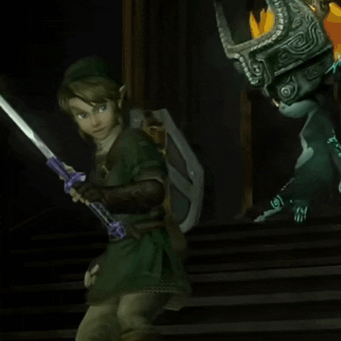 a video game character is holding a sword next to a cartoon character