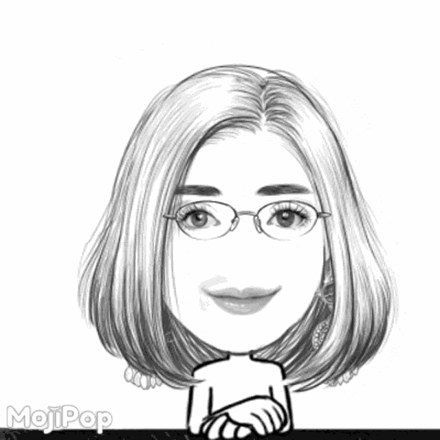 a black and white drawing of a woman with glasses giving a thumbs up with the words good written above her