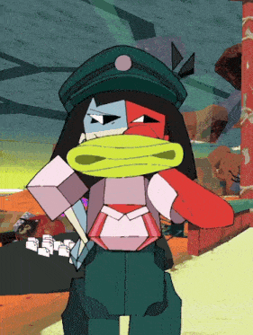 a cartoon character is wearing a green hat and holding a yellow object