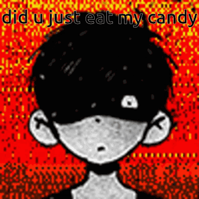 a black and white drawing of a boy with the words did u just eat my candy on the bottom