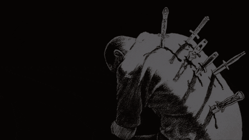 a black and white drawing of a man with swords sticking out of his head