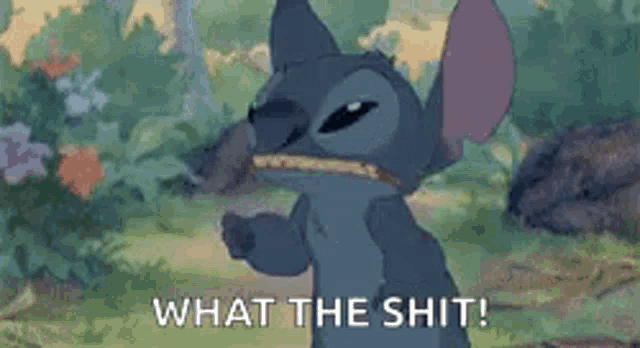 stitch from disney 's lilo and stitch is eating a piece of pizza and saying what the shit .