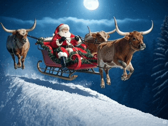 santa claus is being pulled in a sleigh by two bulls