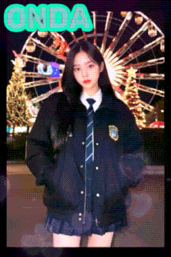 a girl in a school uniform is standing in front of a ferris wheel and the word onda is on the bottom