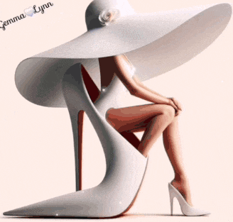 a woman wearing a large white hat sits on a white shoe