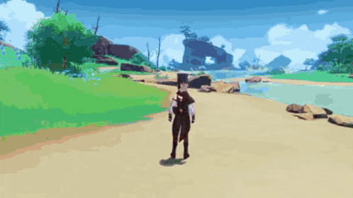 a person is standing on a dirt road in a video game with a river in the background .