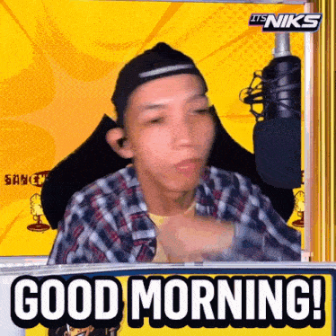 a man in a plaid shirt is sitting in front of a microphone and says " good morning "