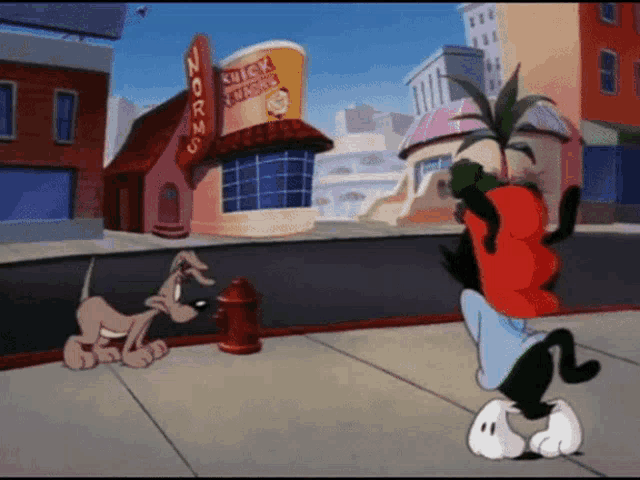 a cartoon character standing on a sidewalk in front of a building that says norm 's