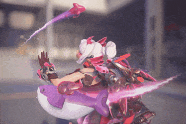 a cartoon character is riding a purple shark with a purple light coming out of it