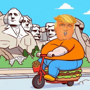 donald trump is riding a scooter with a hamburger on the back