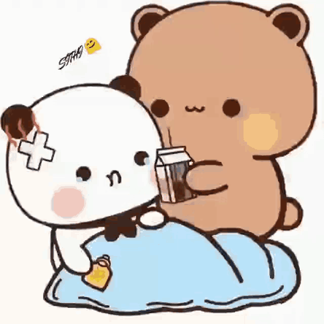 two teddy bears are sitting next to each other on a bed and one is holding a milk carton .