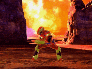 a man in a red and green costume is holding a gun