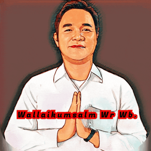 a cartoon drawing of a man with his hands folded and the words wallaikumsalm wr wb
