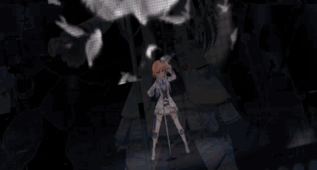 a girl in a white dress is holding a microphone in a dark room .