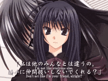 a girl with long black hair is surrounded by foreign text