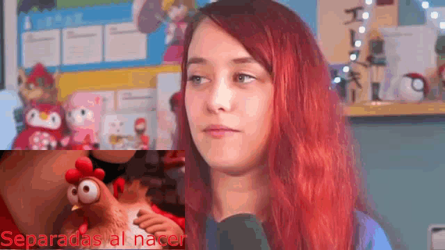 a girl with red hair is talking into a microphone in front of a cartoon chicken