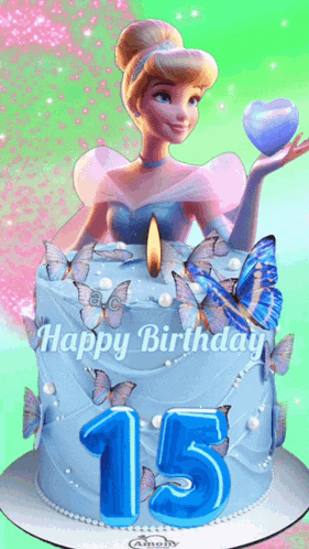 cinderella is on a birthday cake with butterflies and the number 15 on it .