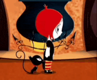 a cartoon girl with red hair is standing next to a black cat and a cauldron .