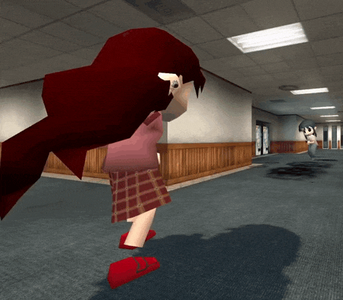 a girl in a plaid skirt and red shoes is running in a hallway