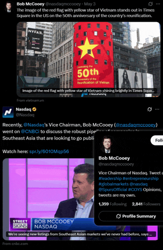 a screenshot of bob mccooey 's twitter with a picture of the red flag with yellow star of vietnam